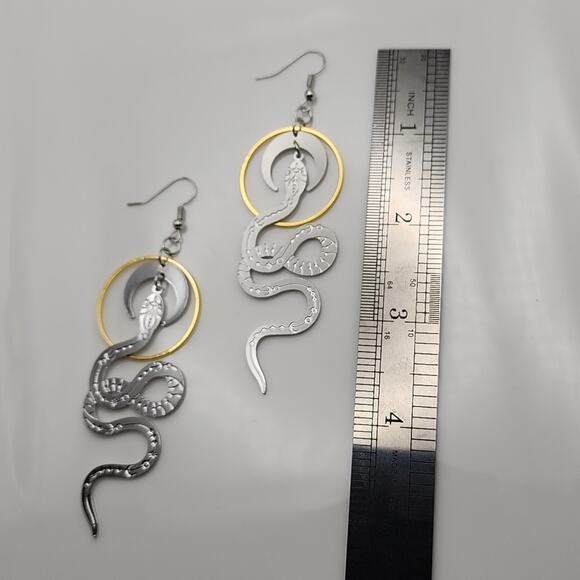 Celestial Serpent Moon Phase Snake Earrings - Picture 3 of 5
